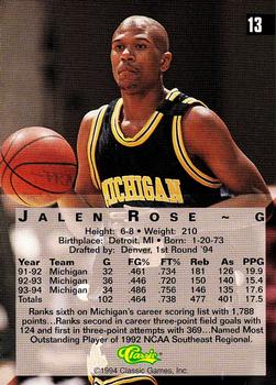 1994 Classic Four Sport #13 Jalen Rose Back