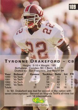 1994 Classic Four Sport #109 Tyronne Drakeford Back