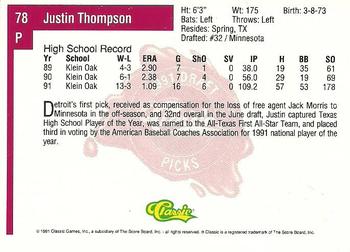 1991 Classic Four Sport #78 Justin Thompson Back