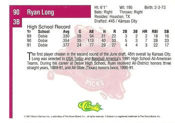 1991 Classic Four Sport #90 Ryan Long Back