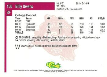 1991 Classic Four Sport #150 Billy Owens Back