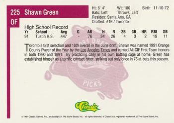 1991 Classic Four Sport #225 Shawn Green Back