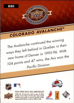 2009 Upper Deck 20th Anniversary #830 Colorado Avalanche Back