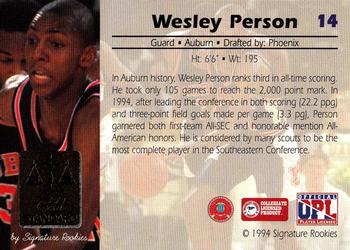 1994 Signature Rookies Gold Standard #14 Wesley Person Back