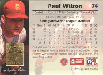 1994 Signature Rookies Gold Standard #74 Paul Wilson Back