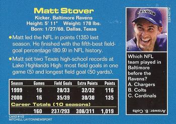 2001 Sports Illustrated for Kids #112 Matt Stover Back