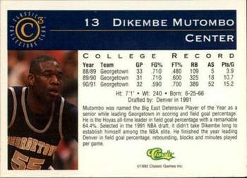 1992-93 Classic C3 #13 Dikembe Mutombo Back