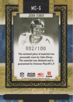 2008 Donruss Sports Legends - Museum Collection Materials #MC-6 John Elway Back