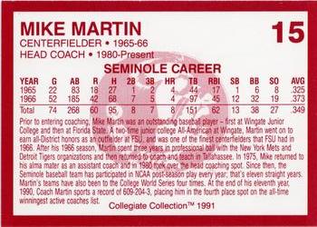 1990-91 Collegiate Collection Florida State Seminoles #15 Mike Martin Back