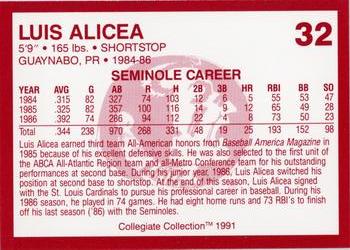 1990-91 Collegiate Collection Florida State Seminoles #32 Luis Alicea Back
