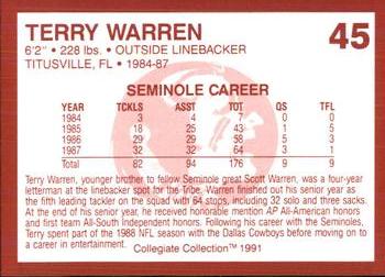 1990-91 Collegiate Collection Florida State Seminoles #45 Terry Warren Back