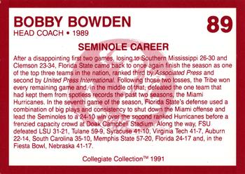 1990-91 Collegiate Collection Florida State Seminoles #89 Bobby Bowden Back