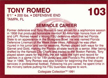 1990-91 Collegiate Collection Florida State Seminoles #103 Tony Romeo Back