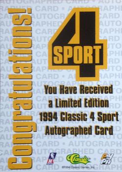 1994 Classic Four Sport - Autographs #NNO Geoff Sarjeant Back