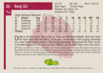 1991 Classic Four Sport - French #65 Benji Gil Back