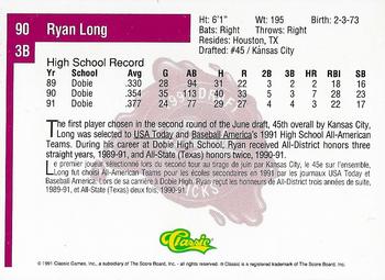 1991 Classic Four Sport - French #90 Ryan Long Back