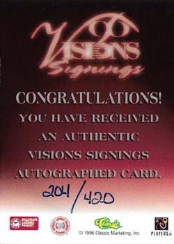 1996 Classic Visions Signings - Autographs Silver #NNO Steve Taneyhill Back