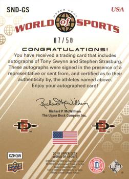 2010 Upper Deck World of Sports - Sports Nation Autographs Dual #SND-GS Tony Gwynn / Stephen Strasburg Back