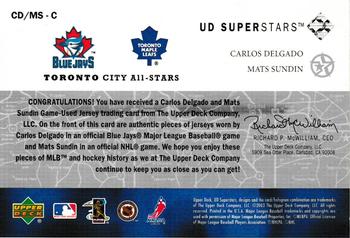 2002-03 UD SuperStars - City All-Stars Dual Jersey #CD/MS-C Carlos Delgado / Mats Sundin Back