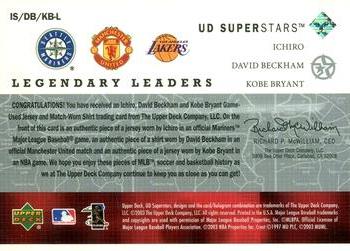 2002-03 UD SuperStars - Legendary Leaders Triple Jersey #IS/DB/KB-L Ichiro Suzuki / David Beckham / Kobe Bryant Back