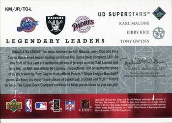 2002-03 UD SuperStars - Legendary Leaders Triple Jersey #KM/JR/TG-L Karl Malone / Jerry Rice / Tony Gwynn Back