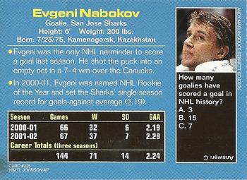 2002 Sports Illustrated for Kids #225 Evgeni Nabokov Back