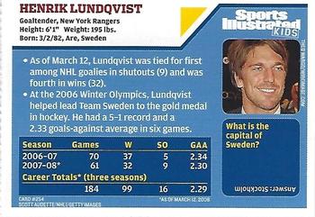 2008 Sports Illustrated for Kids #254 Henrik Lundqvist Back