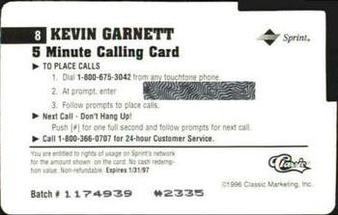 1996 Classic Assets - A Cut Above Phone Cards #8 Kevin Garnett Back