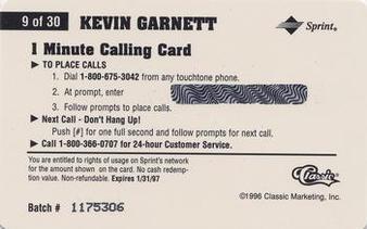 1996 Classic Assets - Phone Cards $1 #9 Kevin Garnett Back