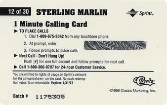 1996 Classic Assets - Phone Cards $1 #12 Sterling Marlin Back