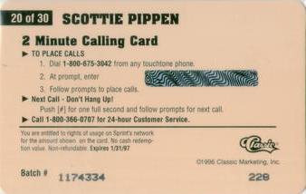 1996 Classic Assets - Phone Cards $2 Hot Prints #20 Scottie Pippen Back