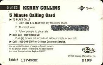 1996 Classic Assets - Phone Cards $5 #5 Kerry Collins Back