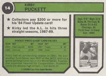 1992 SCD Sports Card Price Guide Monthly #14 Kirby Puckett Back