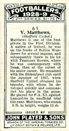 1928-29 Player's Footballers #65 Vince Matthews Back