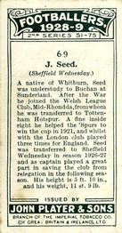 1928-29 Player's Footballers #69 Jimmy Seed Back