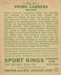 1933 Sport Kings (R338) #43 Primo Carnera Back