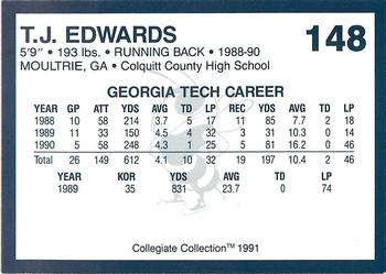 1991 Collegiate Collection Georgia Tech Yellow Jackets #148 T.J. Edwards Back