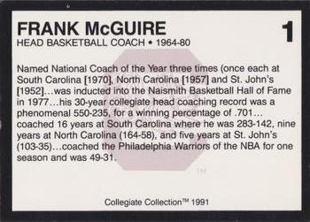 1991 Collegiate Collection South Carolina Gamecocks #1 Frank McGuire Back