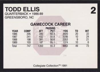 1991 Collegiate Collection South Carolina Gamecocks #2 Todd Ellis Back