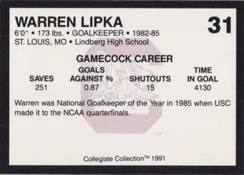 1991 Collegiate Collection South Carolina Gamecocks #31 Warren Lipka Back
