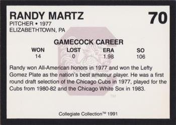1991 Collegiate Collection South Carolina Gamecocks #70 Randy Martz Back