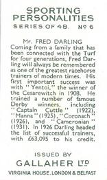 1936 Gallaher Sporting Personalities #6 Fred Darling Back