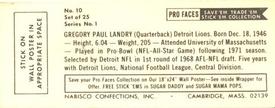 1974 Nabisco Sugar Daddy Pro Faces #10 Greg Landry Back