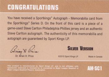 2010 Sportkings Series D - Autograph Memorabilia Silver #AM-SC1 Steve Carlton Back