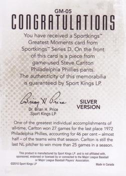 2010 Sportkings Series D - Greatest Moments Silver #GM-05 Steve Carlton Back