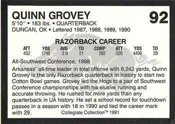 1991 Collegiate Collection Arkansas Razorbacks #92 Quinn Grovey Back