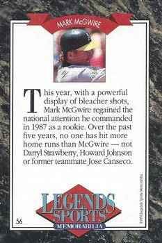 1992 Legends Sports Memorabilia #56 Mark McGwire Back