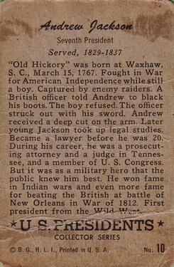 1952 Bowman U.S. Presidents (R701-17) #10 Andrew Jackson Back