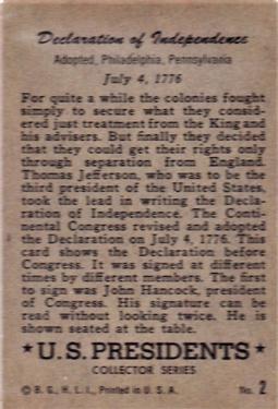 1952 Bowman U.S. Presidents (R701-17) #2 Declaration of Independence Back