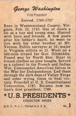 1952 Bowman U.S. Presidents (R701-17) #3 George Washington Back